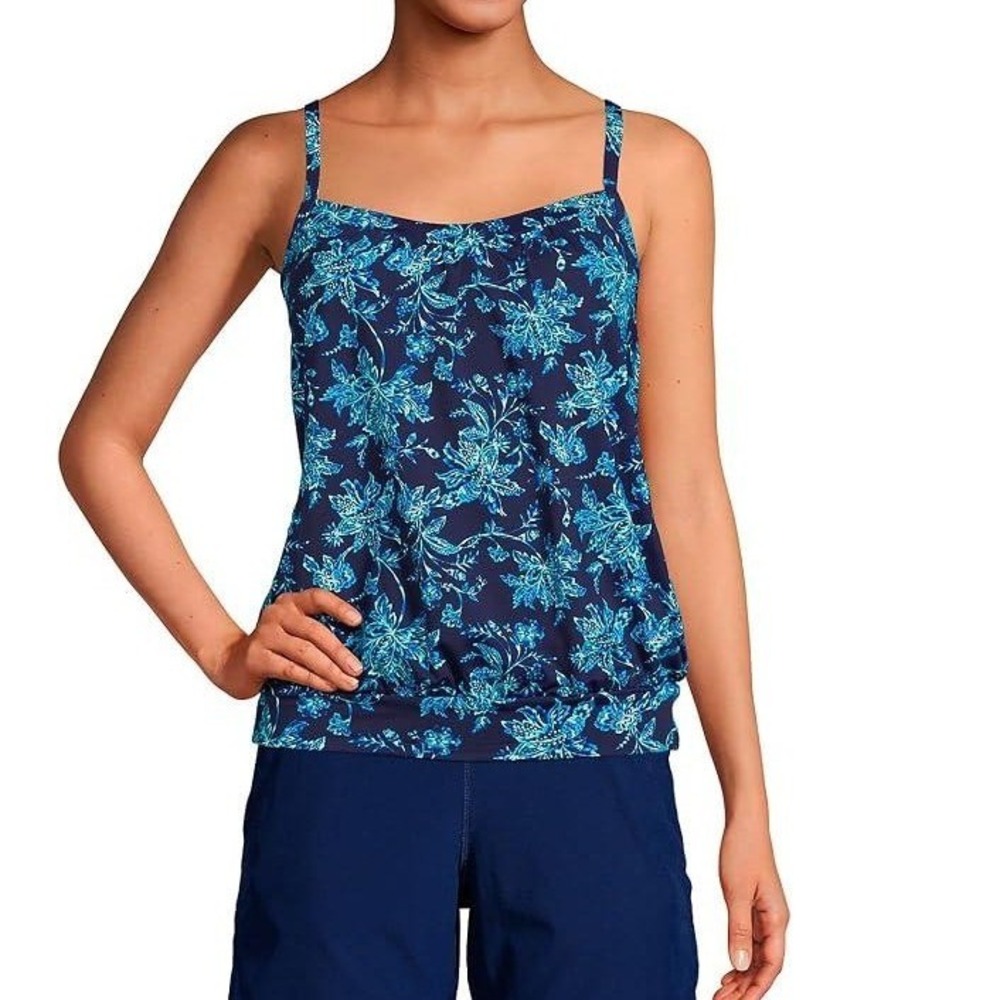 Lands' End Womens Chlorine Resistant Blouson Tankiniโ Top Navy Jacobean 12P